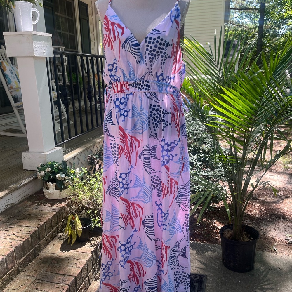 Loft NWT Maxi Dress, Double Fish Print, Spaghetti Straps, XL, Red + Blue - Picture 11 of 15